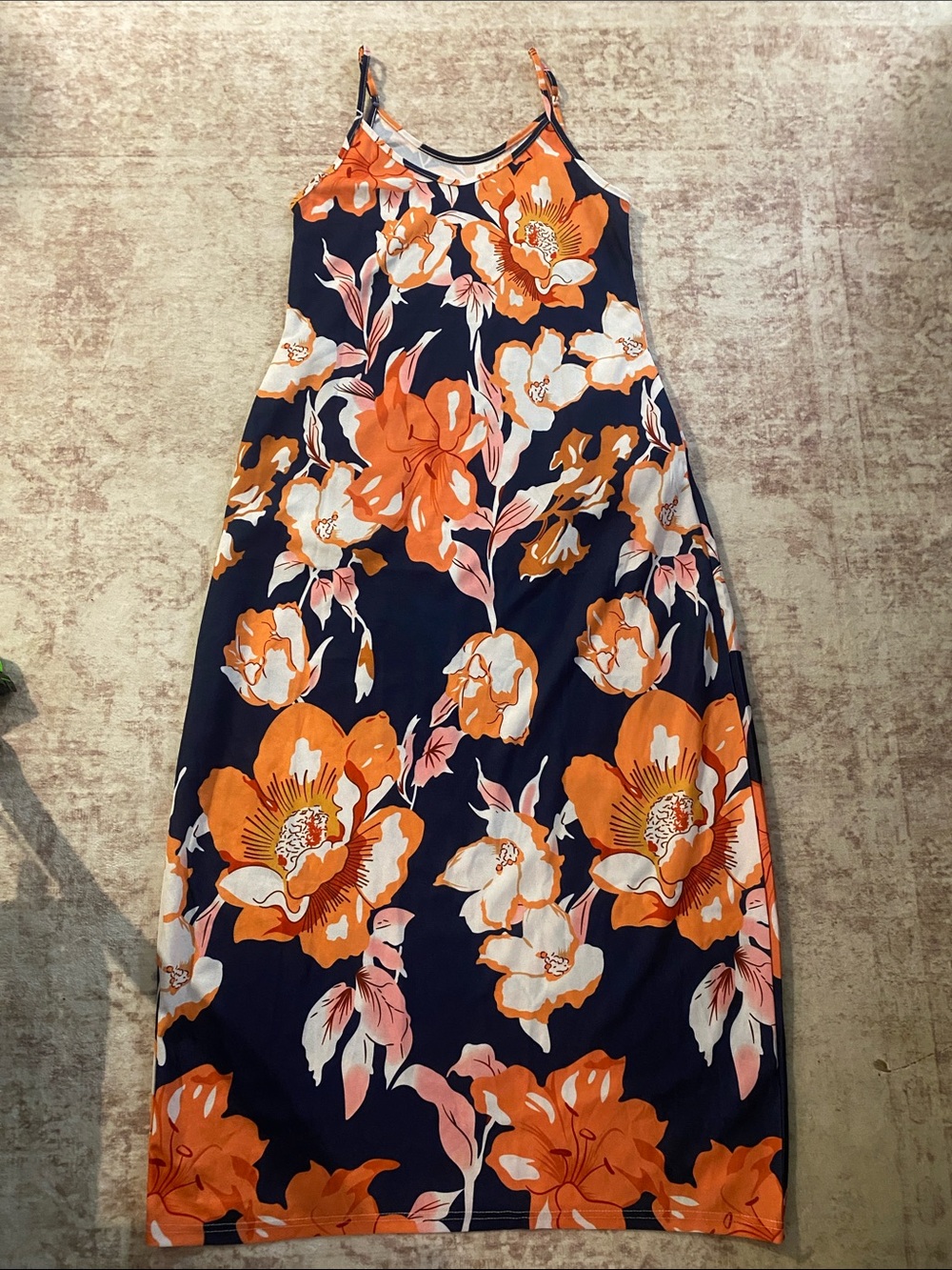 Navy Floral Slip Dress with Orange Bloom Print small